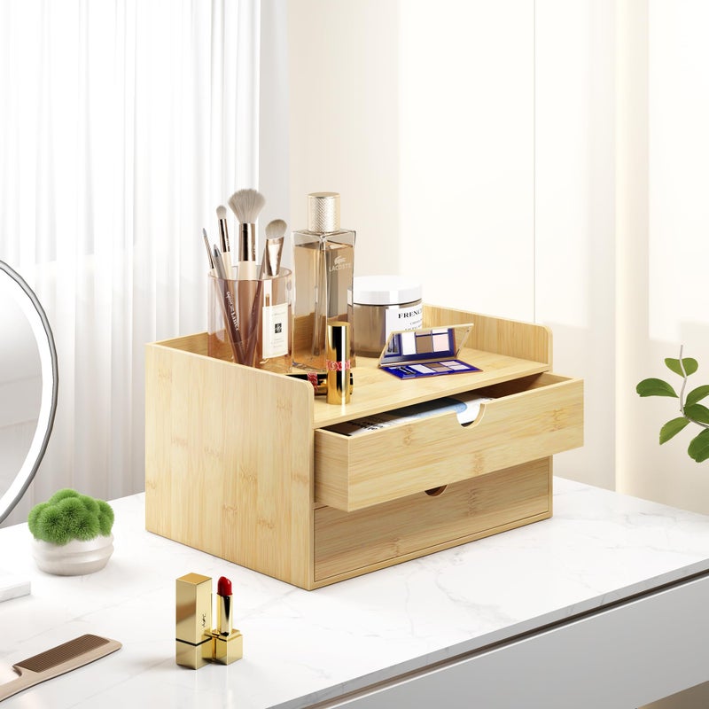 Wisuce Bamboo Desk Drawer Organizer, 2 Drawer Desktop Organizer with Drawers Tabletop Storage Organization Box for Office Home Toiletries Supplies Vanity, No Assembly Required - Image 3